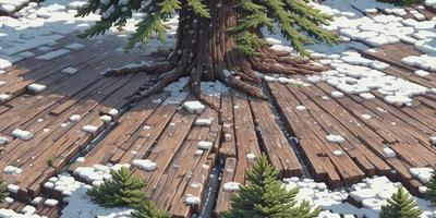 The primary subject of the image is a large tree with a thick trunk, surrounded by a snowy environment. The tree is located in the middle of a snow-covered forest, with a wooden plank path leading to it. The setting is a wintery landscape, and the visual style is a combination of photo and digital art. The colors and mood of the image are predominantly white and cold, with the snow-covered ground and the tree's branches creating a serene and peaceful atmosphere.